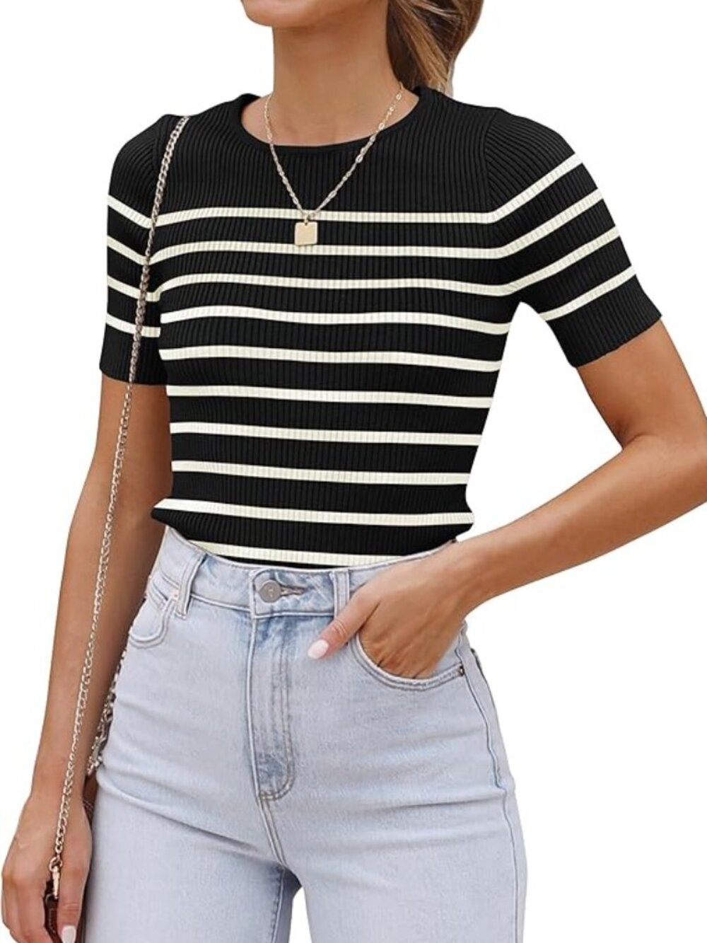EUC Women's Black & White Striped Short Sleeve Crewneck Ribbed Shirt Sz L - Picture 1 of 6